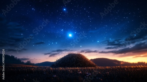 A breathtaking view of a starry night sky above a mystical haystack in a serene landscape, symbolizing hope, dreams, nature, wonder, and the cosmos.