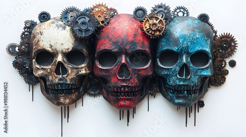 Mechanical gears and cogs fused with eerie Halloween masks, industrial design, dark and vibrant tones, isolated on white background photo