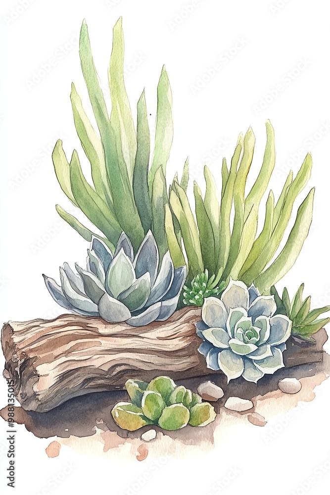 Obraz premium Succulent garden with driftwood accents