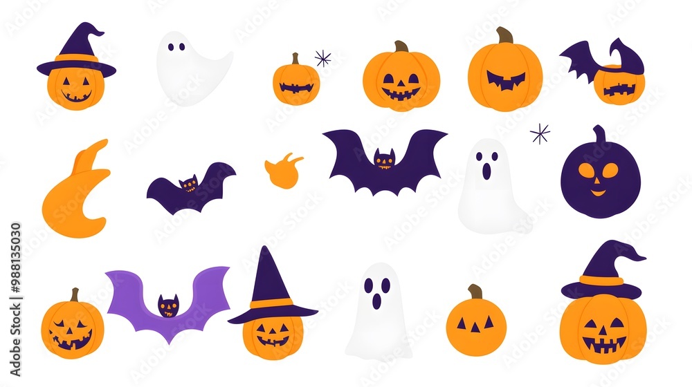 Minimalist Halloween icon set featuring bats, ghosts, pumpkins, and witches hats in vibrant colors with sharp lines, ideal for digital use and Halloween-themed designs or decorations Minimalist Halloween icon set featuring bats, ghosts, pumpkins, and witches hats in vibrant colors with sharp lines, ideal for digital use and Halloween-themed designs or decorations