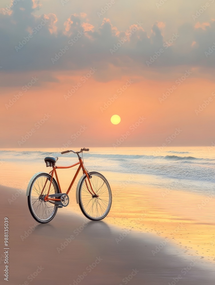 Fototapeta premium A classic bicycle sits on a sandy beach at sunset, symbolizing adventure, freedom, relaxation, and the beauty of nature. The golden light of the setting sun casts a warm glow on the scene.