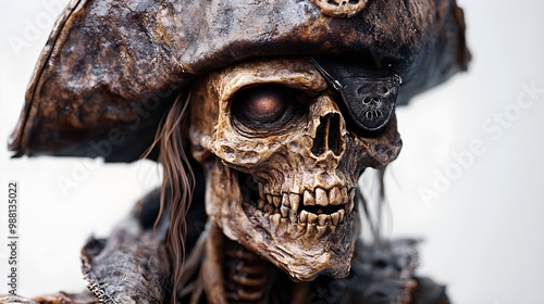 Pirate skeleton with a ragged hat and haunting party masks, realistic art style, eerie atmosphere, isolated on white background photo