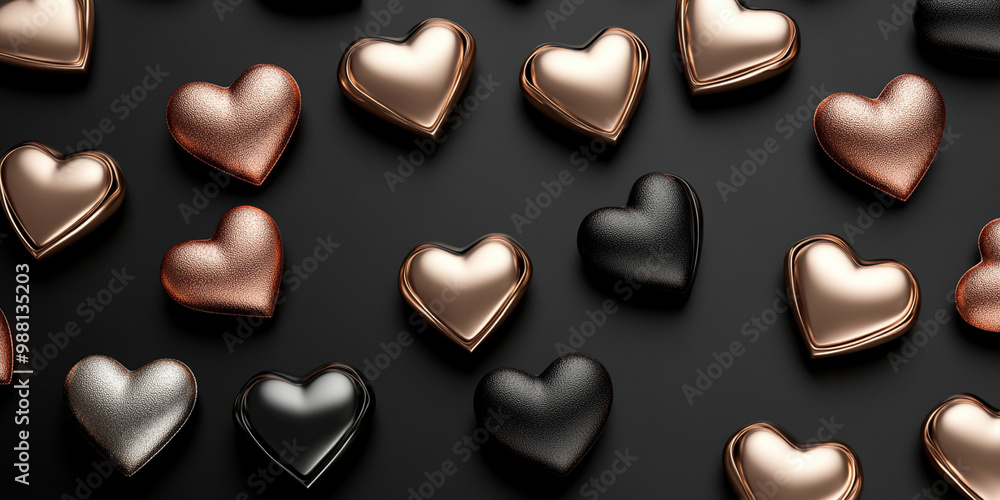 Fototapeta premium sleek and modern Valentines Day background featuring metallic hearts in various colors, including gold, silver, and black, creates romantic and elegant atmosphere