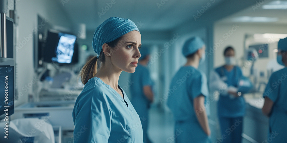 focused female doctor in scrubs stands in busy hospital environment, surrounded by medical staff. atmosphere conveys urgency and professionalism in patient care focused female doctor in scrubs stands in busy hospital environment, surrounded by medical staff. atmosphere conveys urgency and professionalism in patient care