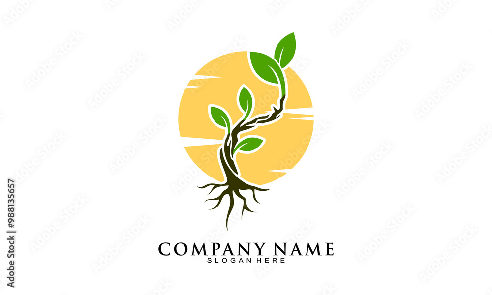 Obraz premium Bonsai plant with sunset logo design vector