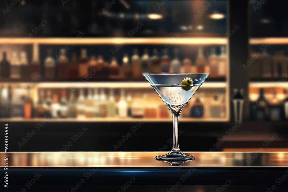 A sleek martini glass with a perfectly clear drink, garnished with an olive, sitting on a modern bar counter with subtle reflections from the lights above A sleek martini glass with a perfectly clear drink, garnished with an olive, sitting on a modern bar counter with subtle reflections from the lights above