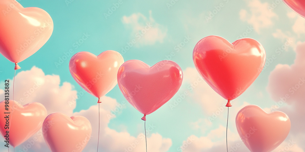 Whimsical heart shaped balloons float against dreamy sky filled with soft clouds, creating joyful and romantic atmosphere. Perfect for celebrations and love themed events Whimsical heart shaped balloons float against dreamy sky filled with soft clouds, creating joyful and romantic atmosphere. Perfect for celebrations and love themed events