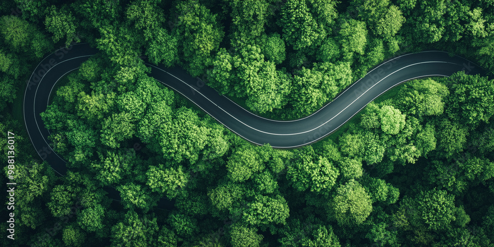 Aerial view of winding highway surrounded by dense green trees, showcasing beauty of nature and harmony between road and forest. scene evokes sense of tranquility and adventure Aerial view of winding highway surrounded by dense green trees, showcasing beauty of nature and harmony between road and forest. scene evokes sense of tranquility and adventure