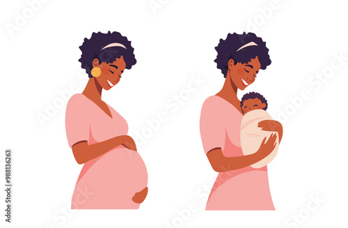 Black afro american woman, young mother with newborn baby. Happy motherhood and parenthood concept. Modern flat vector cartoon illustration.