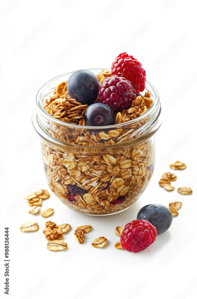 A Jar of Overnight Oats with Mixed Berries and Granola for a Nutritious and Delicious Breakfast A Jar of Overnight Oats with Mixed Berries and Granola for a Nutritious and Delicious Breakfast