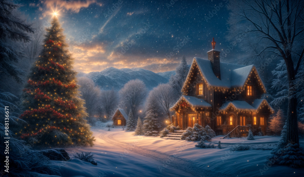 A snowy village with a Christmas tree in the foreground, set against a mountain backdrop under a cloudy sky. A snowy village with a Christmas tree in the foreground, set against a mountain backdrop under a cloudy sky.