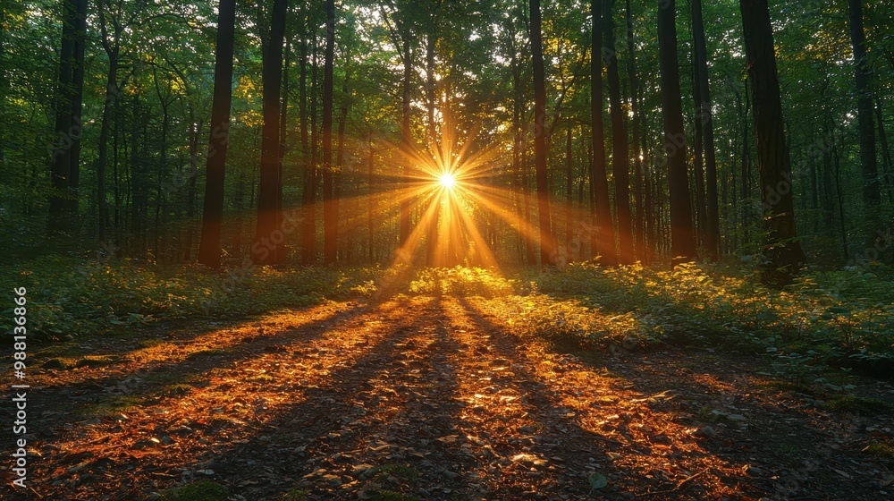 Fototapeta premium Sunbeams Through Forest Trees at Golden Hour