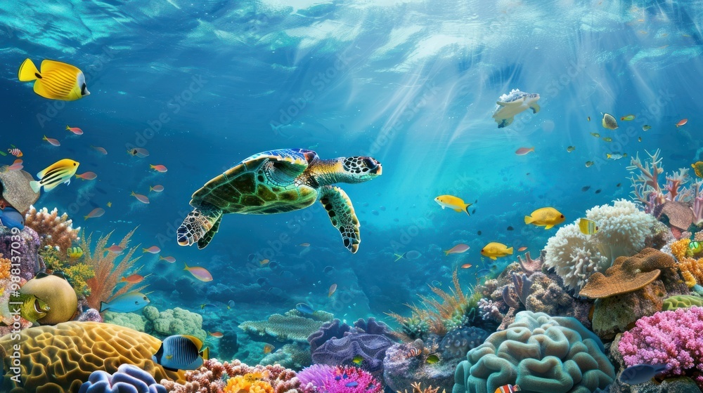 Sea Turtle and Coral Reef Underwater Scene Sea Turtle and Coral Reef Underwater Scene