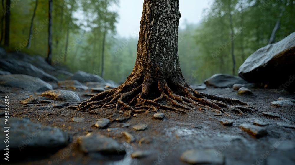 Fototapeta premium Tree Roots Emerging from Rocky Ground, symbolizing strength, growth, nature, resilience, and connection.