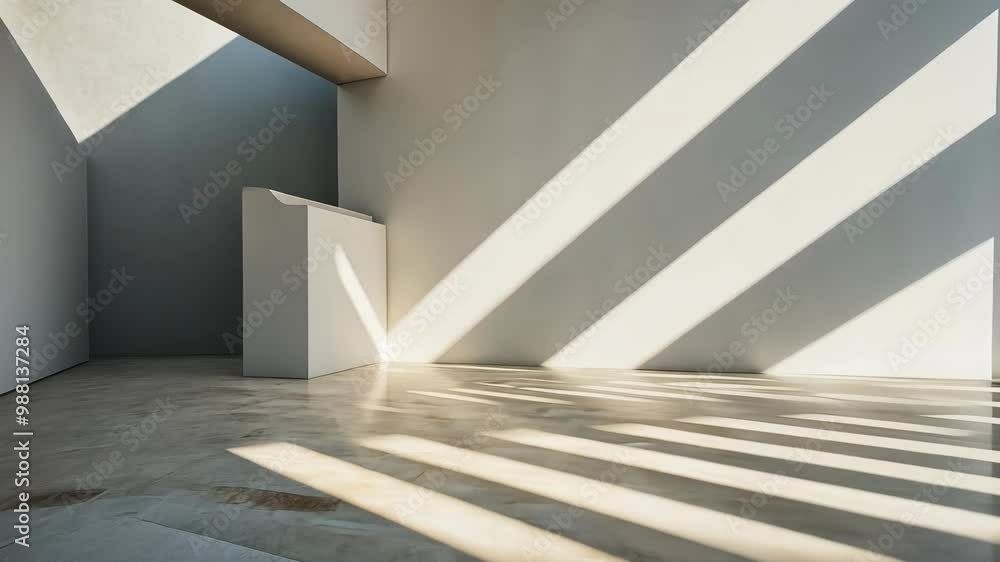 Natural light streams through architectural shadows in a modern minimalist interior
