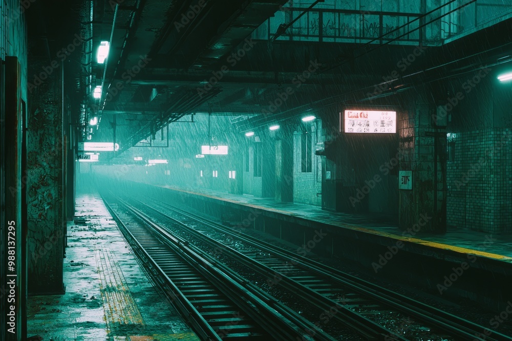 A Dark, Abandoned Subway Station With Rusted Tracks And Flickering Lights, Creating An Atmosphere Of Unsettling Urban Legends. Cozy Vibe, Generative AI A Dark, Abandoned Subway Station With Rusted Tracks And Flickering Lights, Creating An Atmosphere Of Unsettling Urban Legends. Cozy Vibe, Generative AI