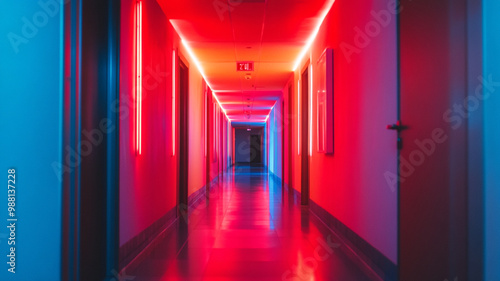 Vibrant neon tunnel illuminated in pink light, creating a surreal ambiance during evening hours