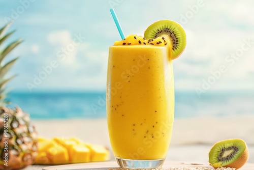 Fototapeta Naklejka Na Ścianę i Meble -  A vibrant, colorful smoothie made from fresh tropical fruits like mango, pineapple, and passionfruit, topped with a slice of kiwi and a straw, against a beach backdrop