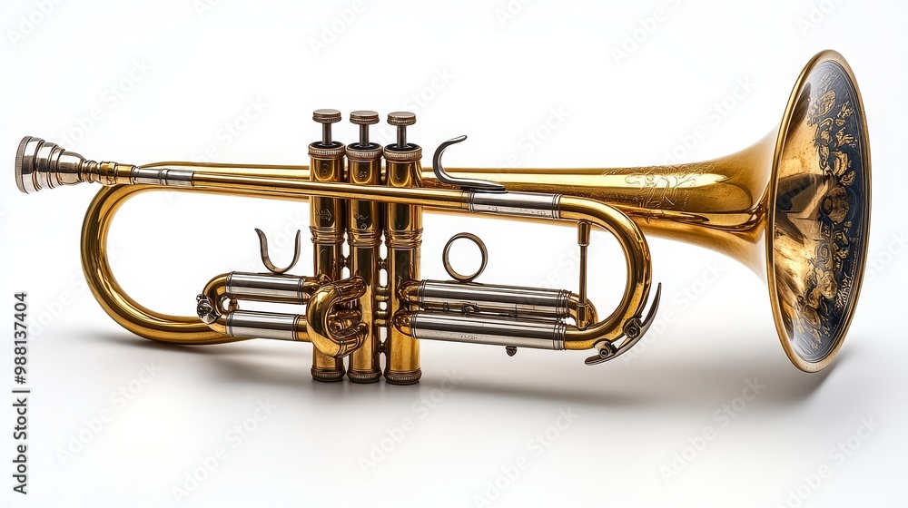 Fototapeta premium Gold Trumpet with Intricate Design Isolated on White Background