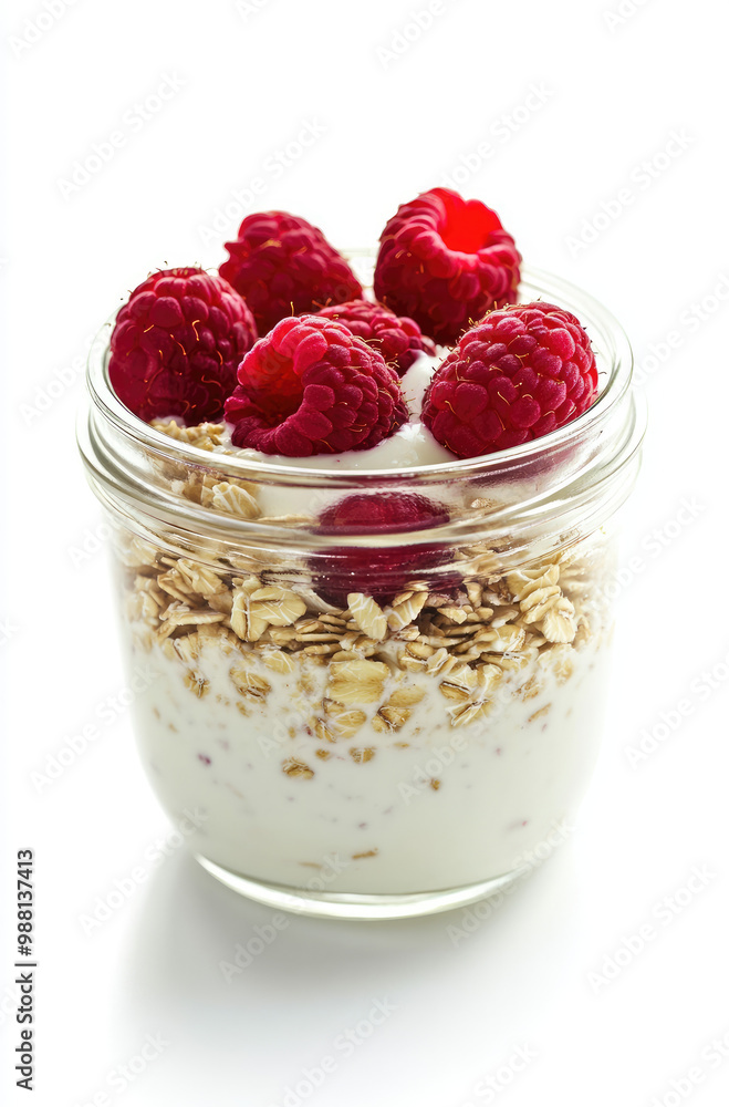 A Jar of Overnight Oats with Fresh Raspberries and Almonds for a Nutritious and Delicious Breakfast Option A Jar of Overnight Oats with Fresh Raspberries and Almonds for a Nutritious and Delicious Breakfast Option
