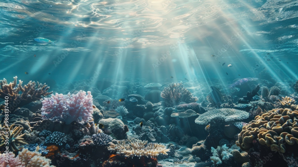 Fototapeta premium Underwater Coral Reef with Sunlight