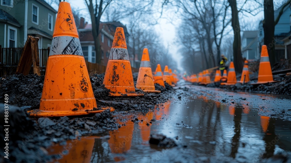 Orange Traffic Cones in a Puddles on a Rainy Day Orange Traffic Cones in a Puddles on a Rainy Day