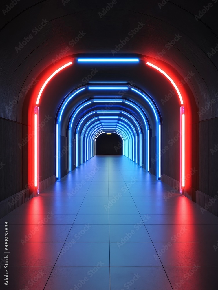 Fototapeta premium A futuristic, abstract tunnel with vibrant neon lights, symbolizing progress, technology, innovation, energy, and the unknown.