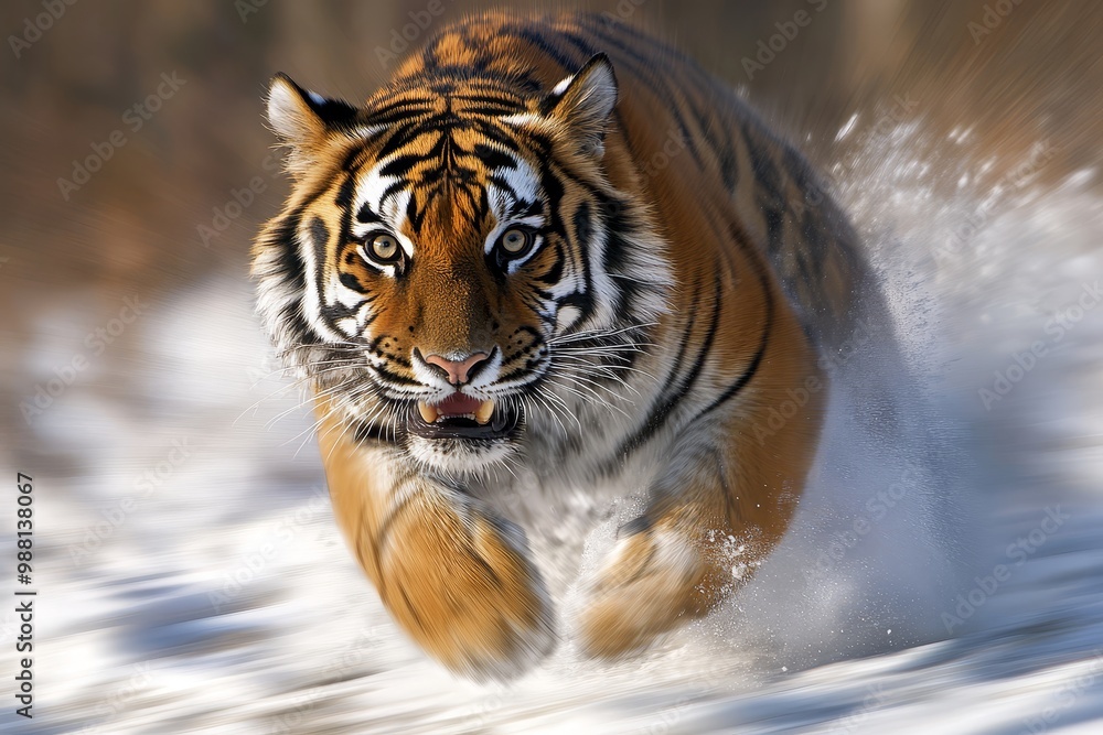 Obraz premium Siberian Tiger Running Through Snow Close Up Wild Animal Predator