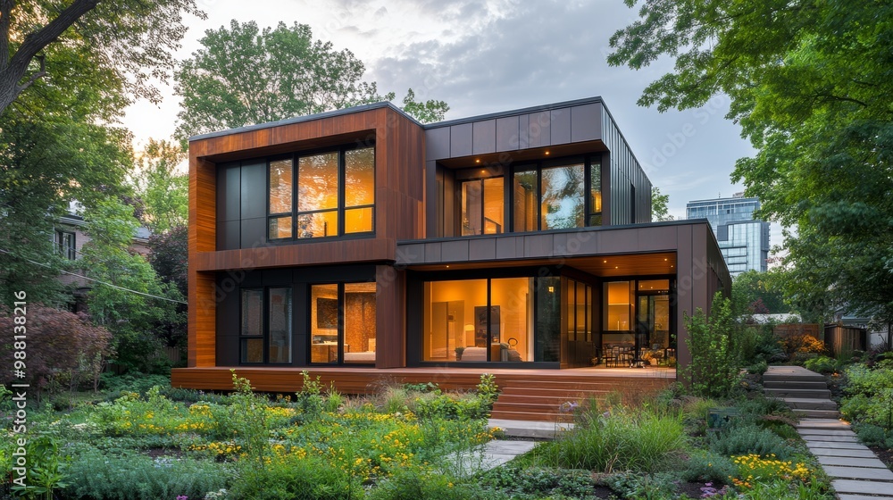 Contemporary cube home with warm wooden lower section, contrasted by cold metallic upper floors, large windows, minimal landscaping, urban background Contemporary cube home with warm wooden lower section, contrasted by cold metallic upper floors, large windows, minimal landscaping, urban background