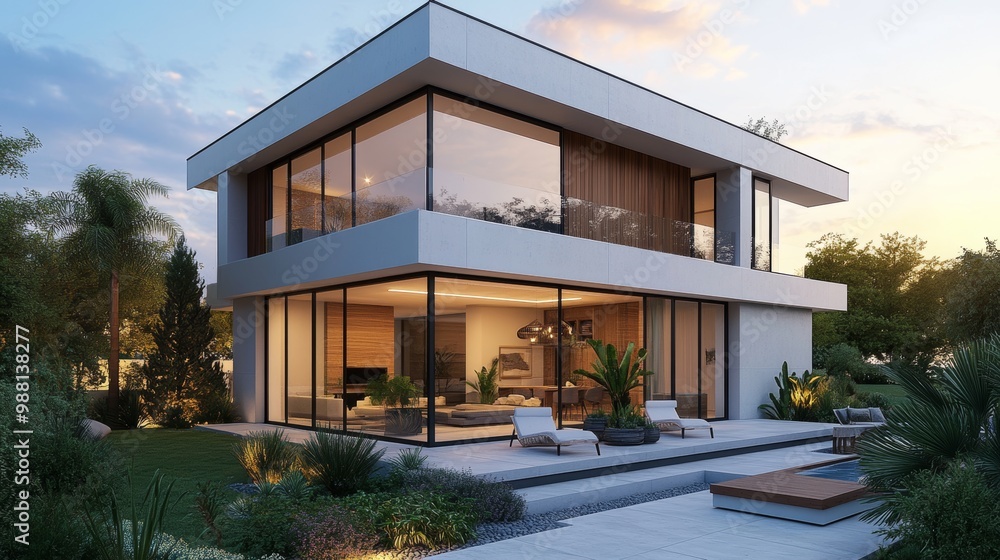 Fototapeta premium Contemporary cube house design, featuring white concrete exterior and warm wood paneling, set against a sunset backdrop, clean lines, and spacious windows