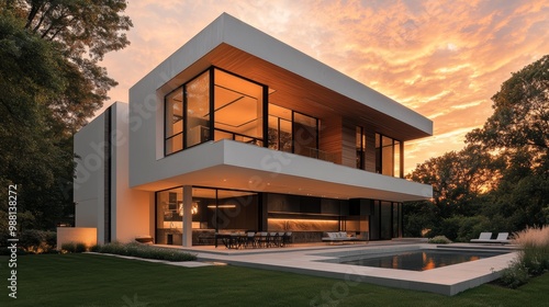 Contemporary cube house design, featuring white concrete exterior and warm wood paneling, set against a sunset backdrop, clean lines, and spacious windows