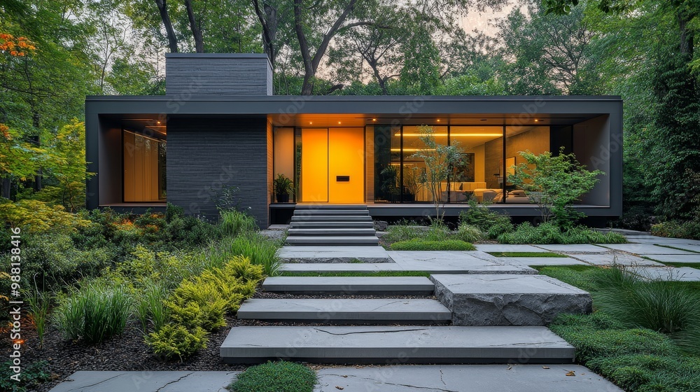 Contemporary cube house with a bright yellow front door, set against stone pathways that blend into the natural landscape, clean and sleek design Contemporary cube house with a bright yellow front door, set against stone pathways that blend into the natural landscape, clean and sleek design