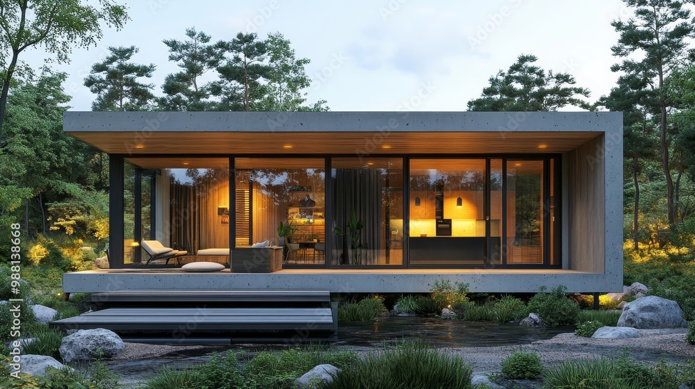 Contemporary modular cube house in a serene minimalist garden, concrete exterior with wood accents, geometric design, clean angles, soft golden hour, photo-realistic, high-resolution Contemporary modular cube house in a serene minimalist garden, concrete exterior with wood accents, geometric design, clean angles, soft golden hour, photo-realistic, high-resolution