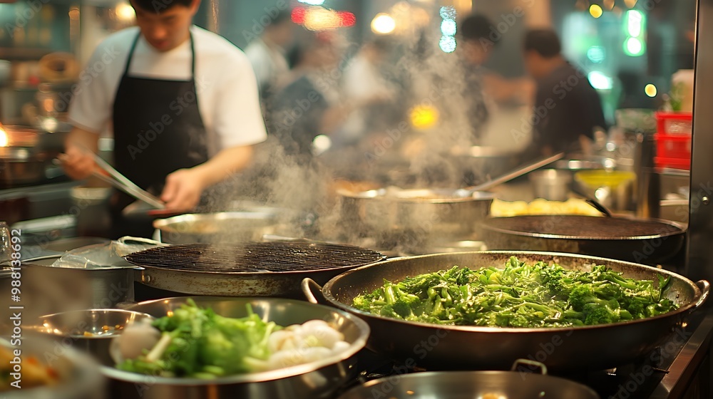 Asiatische Köche kochen Fleisch und Gemüsegerischte in der Restaurantküche Asiatische Köche kochen Fleisch und Gemüsegerischte in der Restaurantküche