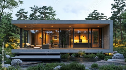 Contemporary modular cube house in a serene minimalist garden, concrete exterior with wood accents, geometric design, clean angles, soft golden hour, photo-realistic, high-resolution