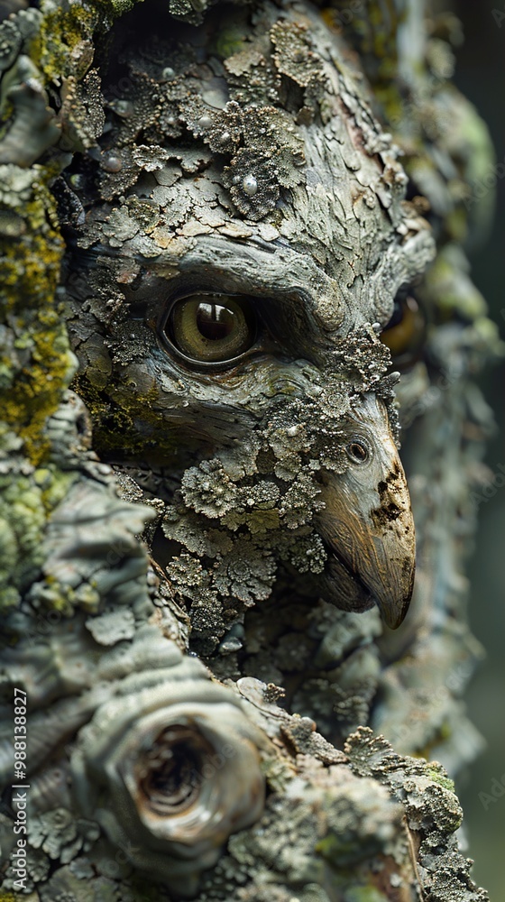 Obraz premium Close-up of a Bird's Eye Hidden in Tree Bark