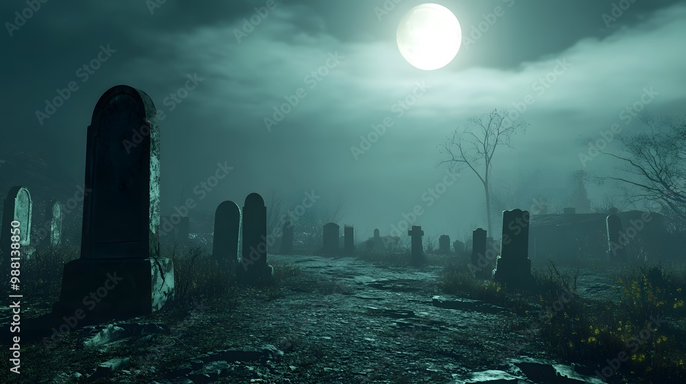 Chilling abandoned graveyard scene with cracked tombstones, eerie moonlight casting dramatic shadows. Perfect for Halloween themes, creating an atmospheric, high-contrast, spooky ambiance Chilling abandoned graveyard scene with cracked tombstones, eerie moonlight casting dramatic shadows. Perfect for Halloween themes, creating an atmospheric, high-contrast, spooky ambiance