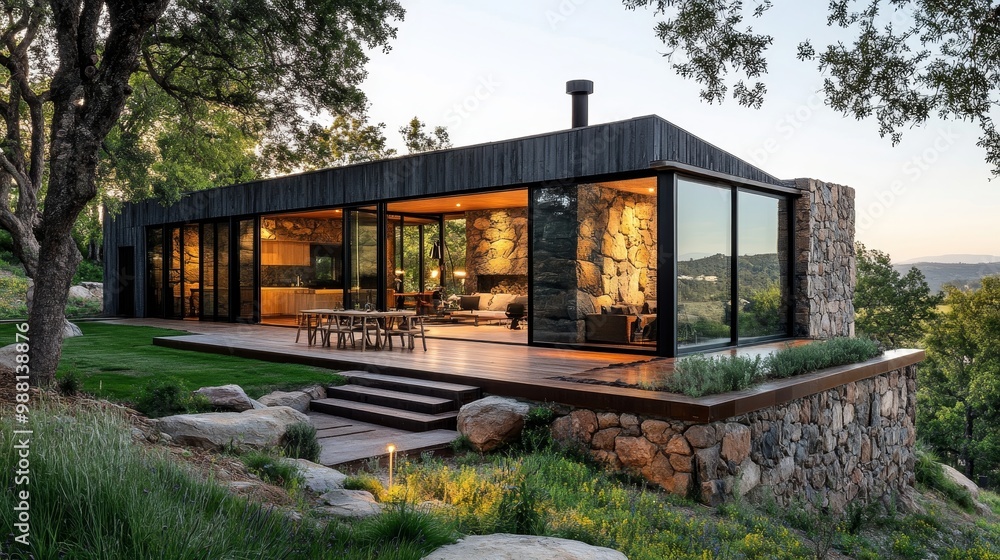 Cube home crafted from raw stone and brushed metal, blending rustic charm with contemporary elegance, set against a backdrop of green hills Cube home crafted from raw stone and brushed metal, blending rustic charm with contemporary elegance, set against a backdrop of green hills