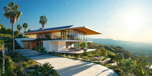 Modern Split-Level Homes with Solar Panels. Eco-Friendly Architecture in California and Arizona, Showcasing Sustainable Living Amidst Stunning Landscapes and Sunlit Environments.