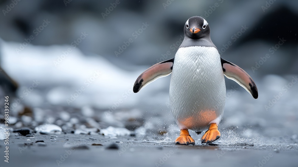Fototapeta premium Gentoo Penguin Walking on Beach in Antarctica