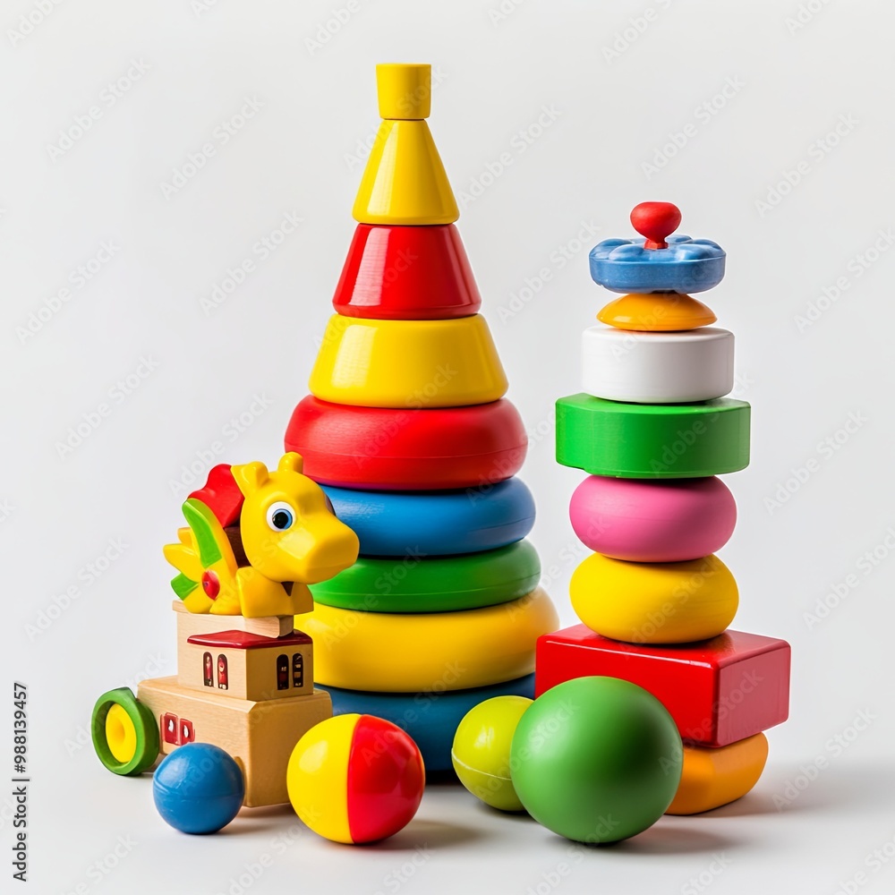 Group of childrens toys on a white background. Constructor, pyramid, ball and soft toys for children's development Group of childrens toys on a white background. Constructor, pyramid, ball and soft toys for children's development