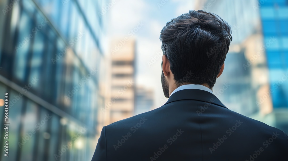Businessman looking at skyscraper city Businessman looking at skyscraper city