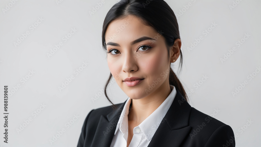 Close up young businesswoman wearing black suit isolated on white background Close up young businesswoman wearing black suit isolated on white background