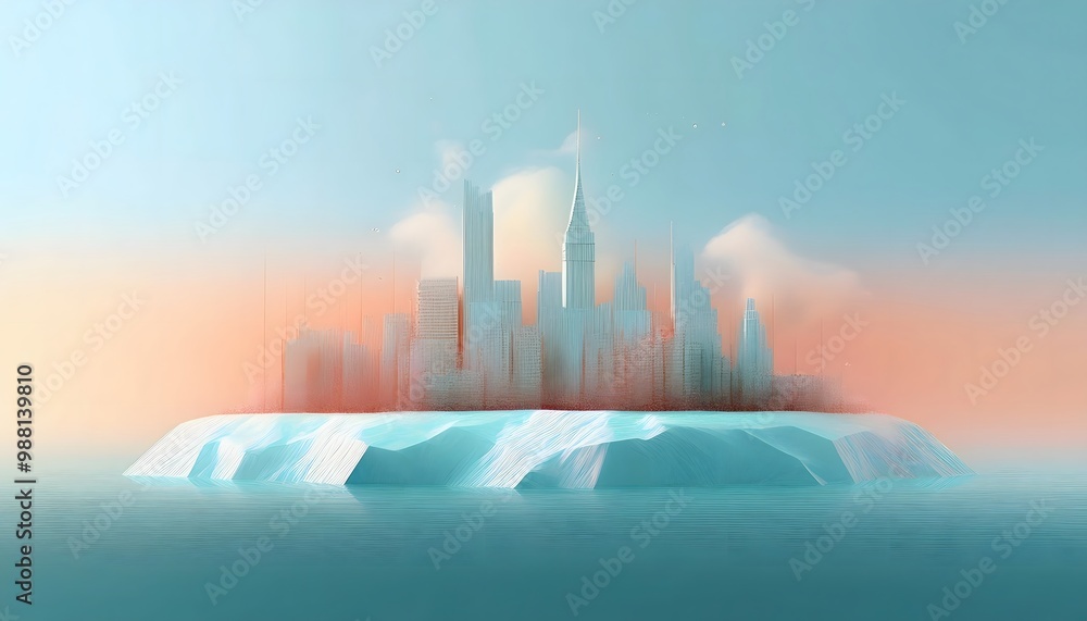 Fototapeta premium A melting glacier with a business city skyline in the background. Visualizing climate change.