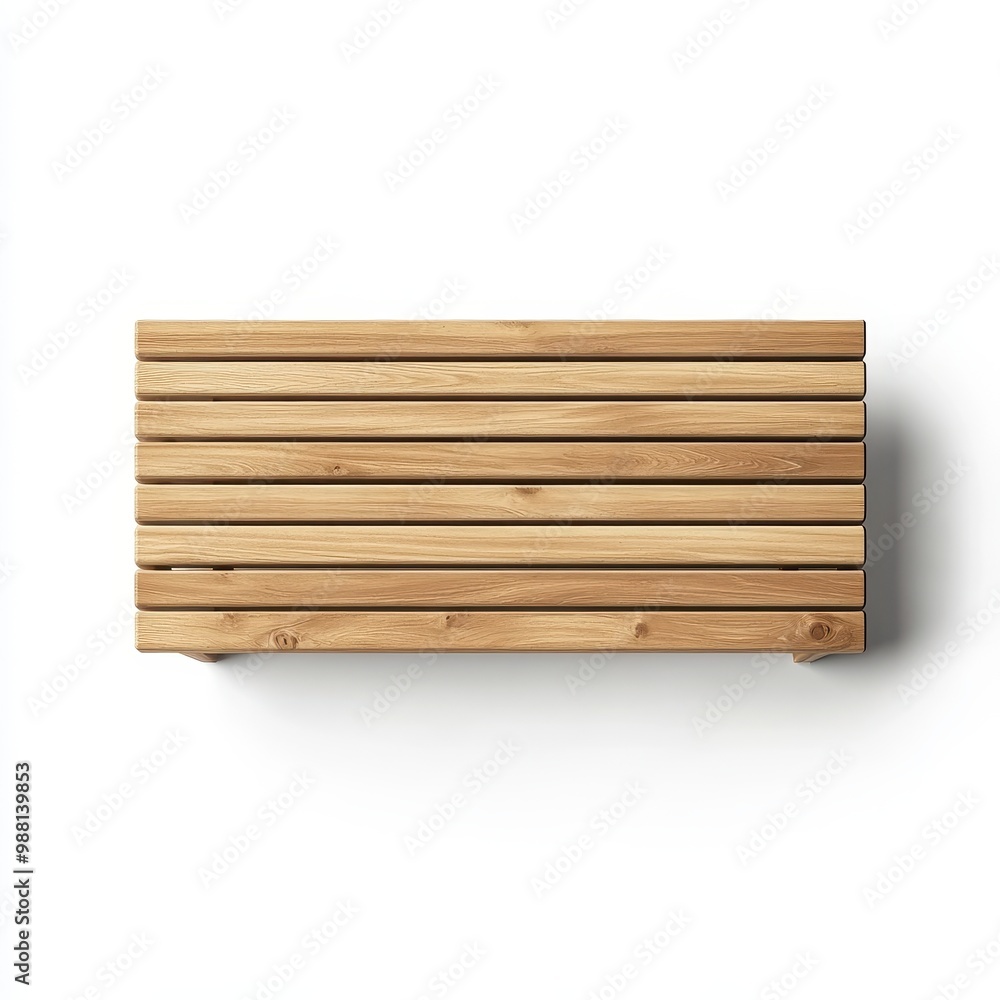 A rectangular wooden bench with a slatted seat in a light natural finish, offering a minimalist design ideal for outdoor seating or public spaces. A rectangular wooden bench with a slatted seat in a light natural finish, offering a minimalist design ideal for outdoor seating or public spaces.