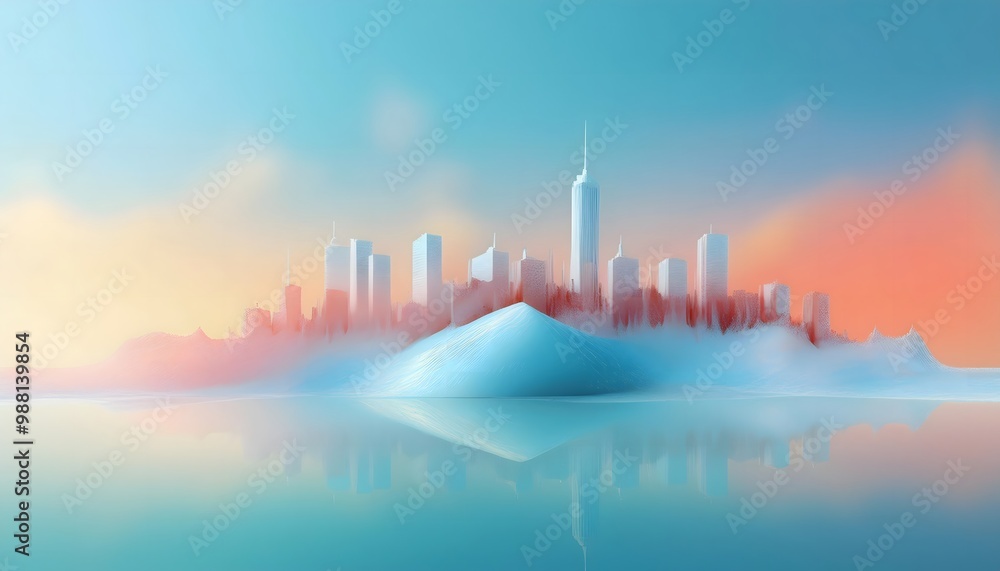 Fototapeta premium A melting glacier with a business city skyline in the background. Visualizing climate change.