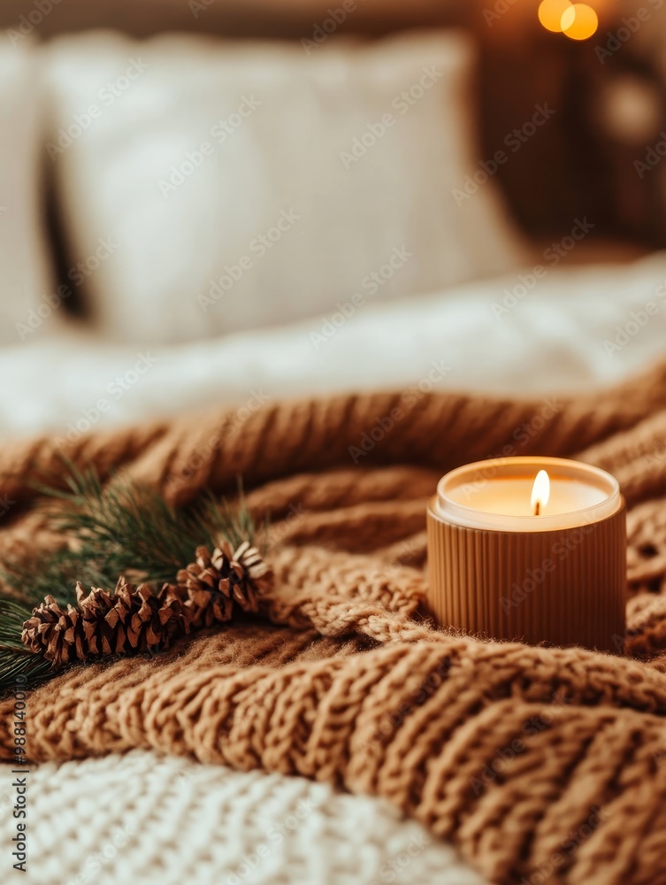 Cozy Winter Essentials - A warm brown knitted throw with a lit candle and pine branches, perfect for a relaxing winter evening. Cozy Winter Essentials - A warm brown knitted throw with a lit candle and pine branches, perfect for a relaxing winter evening.