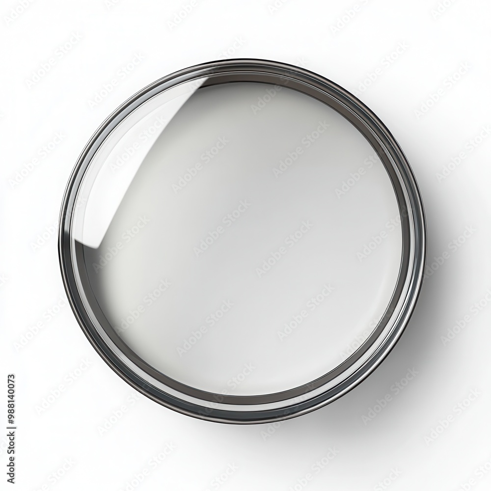 A top-down view of an open paint can filled with glossy white paint, perfect for home improvement or interior design projects. A top-down view of an open paint can filled with glossy white paint, perfect for home improvement or interior design projects.