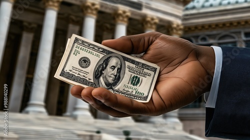 A hand holding cash, with a backdrop of a government building, symbols of taxation and economy