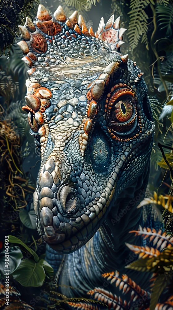 Fototapeta premium Close-up of a Dinosaur's Face in a Lush Jungle